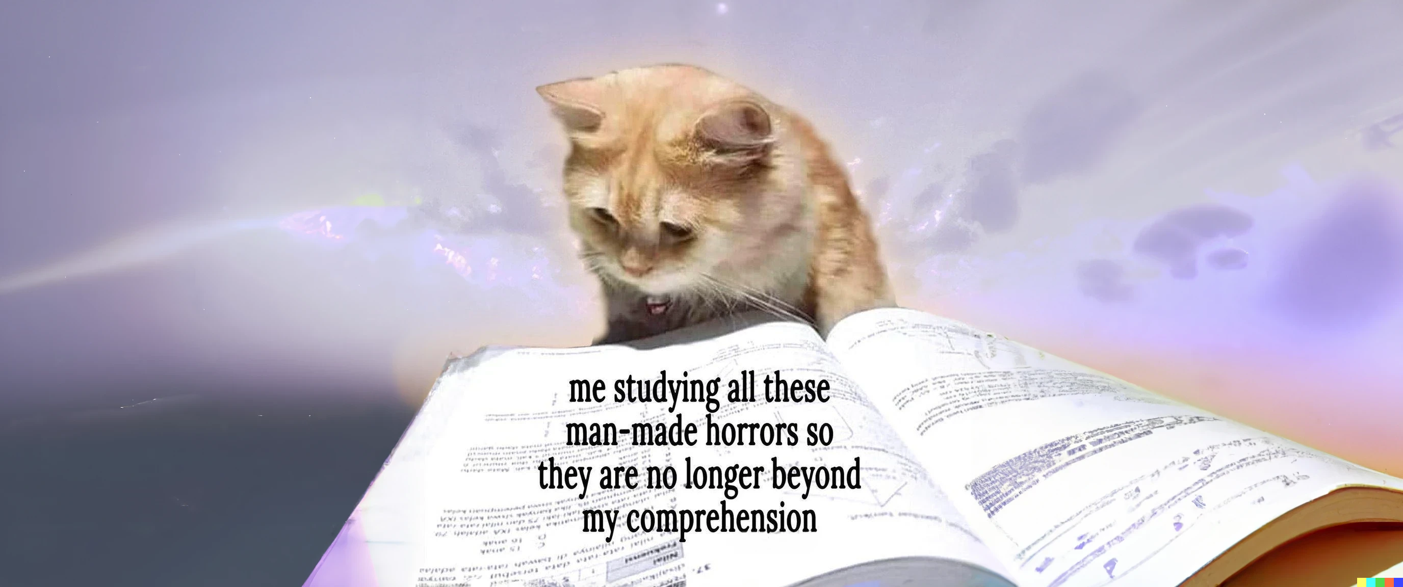 This meme features a picture of a cat sitting at a desk, looking at a book with a horrified expression. The text "I've been studying all these horror stories so they're no longer terrifying" is written above the cat, while the text "I've been studying all these horror stories so they're no longer terrifying... I've been studying all these non-fiction books so they're no longer terrifying" is written below it. The cat is looking at a book with a horrified expression, implying that it has finally understood the horror stories in the book.